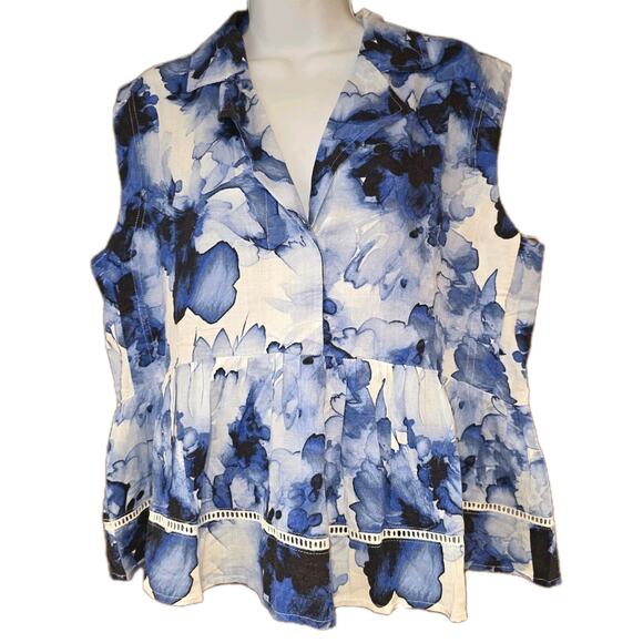 Nwt Cupio White And Blue Floral Linen Sleeveless Top Sz M - Picture 1 of 7
